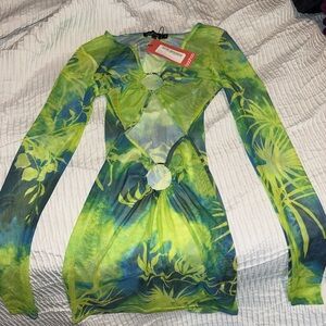 Vibrant Green and Blue Mesh beach cover up Dress